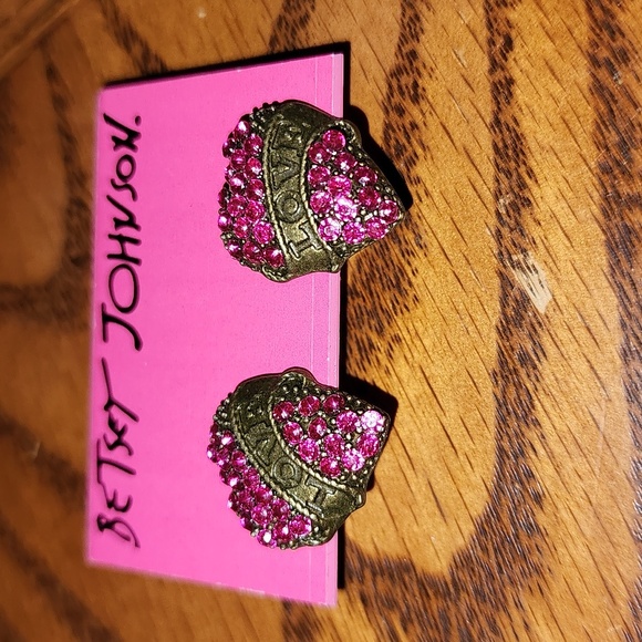 Betsey Johnson Pink Gemstone Heart Earrings - Picture 3 of 6